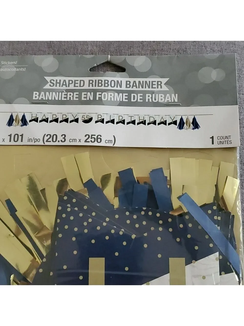 Happy Birthday shaped ribbon banner with stickers 8 inch x 101 inches